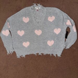No Boundaries V-Neck Sweater with Pink Hearts